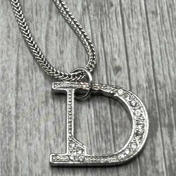 DIOR “D” Logo Silver Rhinestone Detail Snake Chain Pendant Necklace - Picture 1 of 9